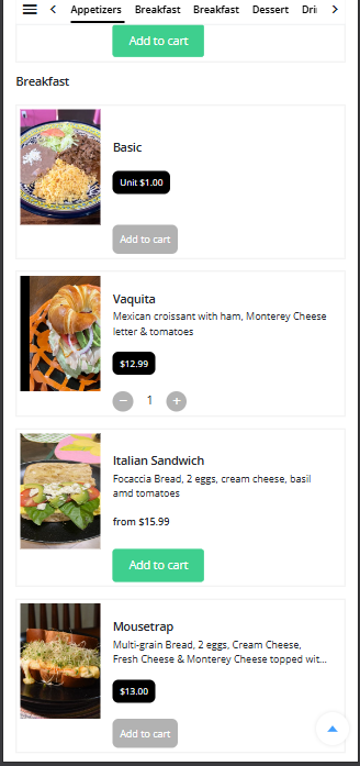 MenuCheck customer app showing restaurant menu with food items